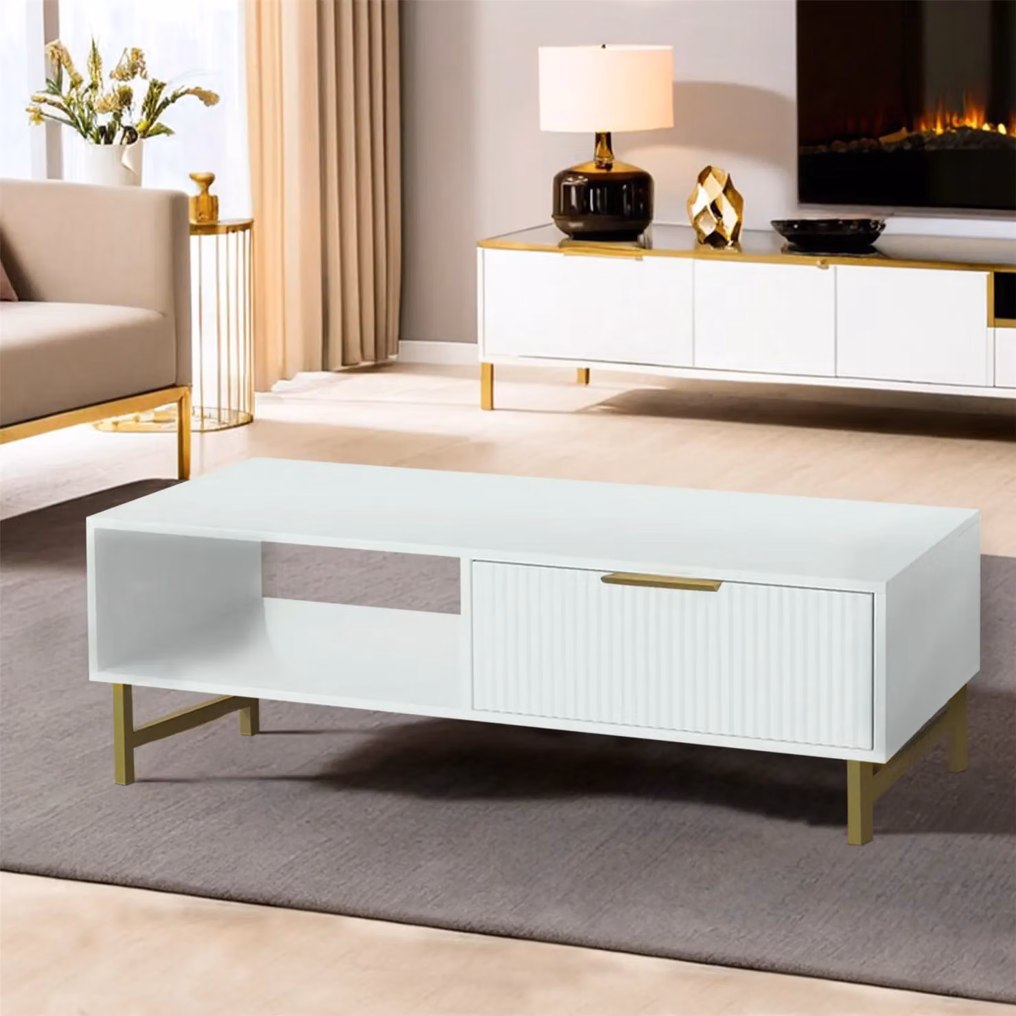 KOSY KOALA Modern White Coffee Table with Gold Metal Legs and Storage for your Living Room – 3