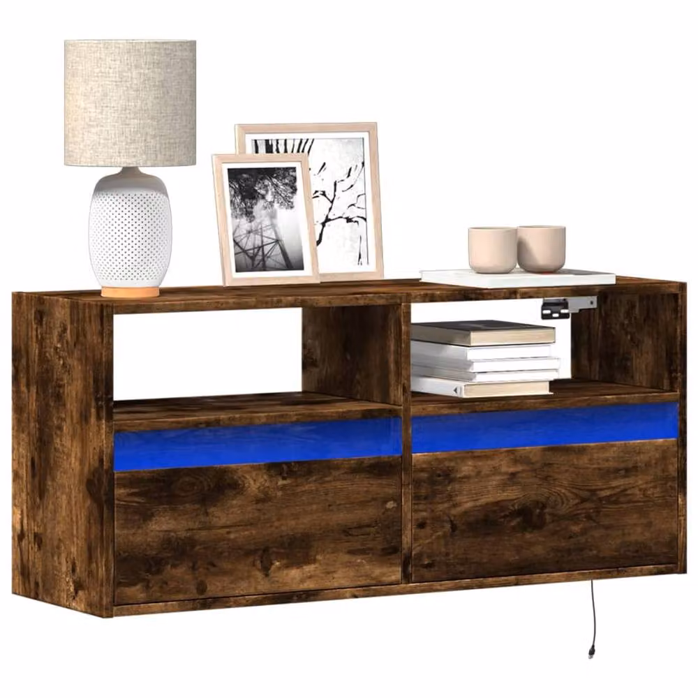 Berkfield Home TV Wall Cabinet with LED Lights in Smoked Oak Brown, W: 100 cm, D: 31 cm, H: 45 cm – 2