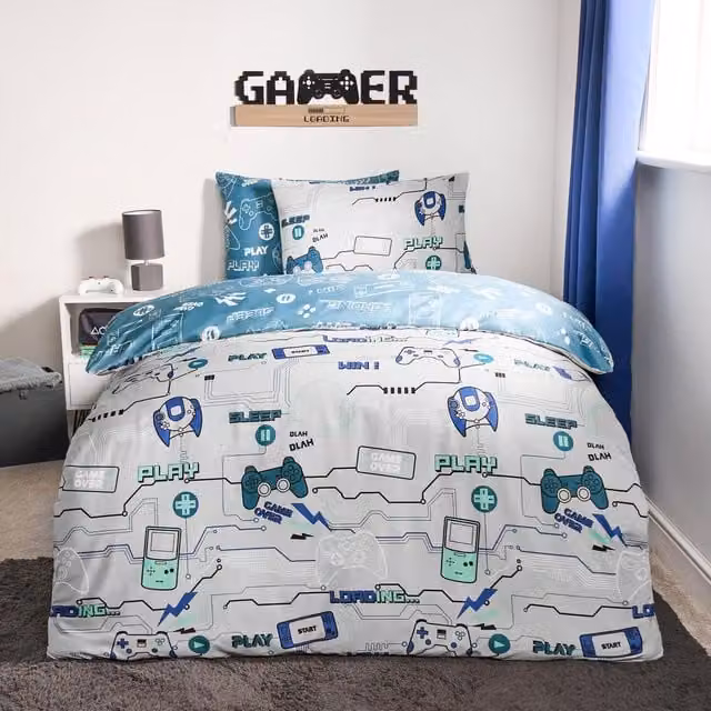 OHS Reversible Graphic Gaming Duvet Cover Set in Grey and Blue, W/D/H: 140 x 200 cm