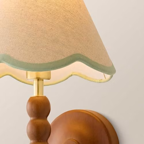 ValueLights Bobbins Walnut Bobble Wall Light with Green Linen Trim Shade – 2