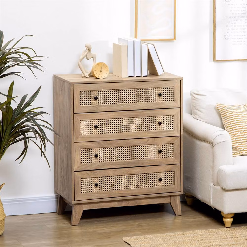 HOMCOM Brown Rattan 4-Drawer Chest of Drawers and Storage Cabinet – 4