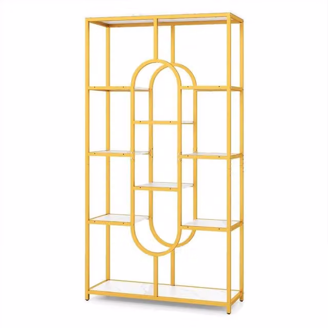 KORVIXA Modern Luxurious 10-Tier Gold Display Rack with Metal and Stone Geometric Design W/D/H: 100 x 100 x 100 cm