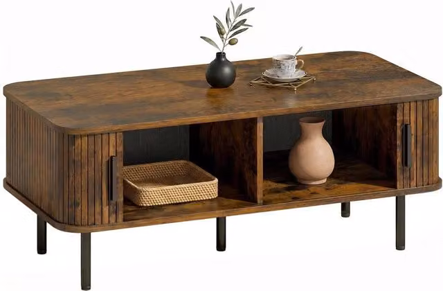 NESTLUNE Mid-Century Brown Wood Coffee Table with Storage and Sliding Doors, W: 100 cm, D: 15 cm, H: 15 cm