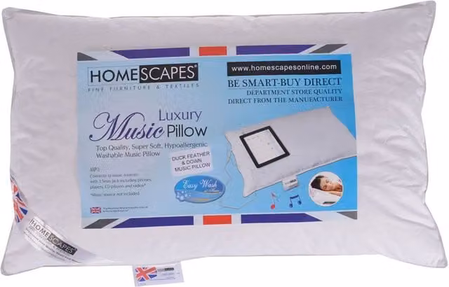 Homescapes White Duck Feather and Down Music Pillow with Speakers and Removable Microfibre Cover