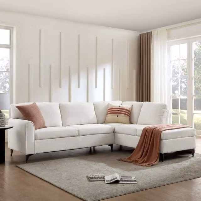 Home Detail Alyssum Right-Hand Corner Sofa in White, 4-Seater Upholstered L-Shape Fabric Sofa with Scatter Cushions – 1