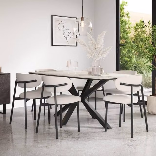 More4Homes Juno Calcutta Gold Ceramic Dining Table with Black Legs and Myla Beige Linen Dining Chairs Set of 6, W: 180 cm, D: 90 cm, H: 75 cm – 1