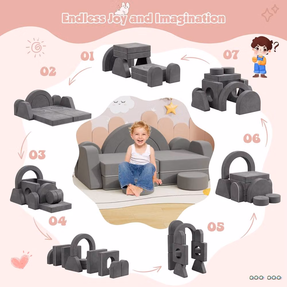 KEEPREAPER Soft Modular Kids Play Couch with Scatter Cushions, Double, Dark Grey – 3