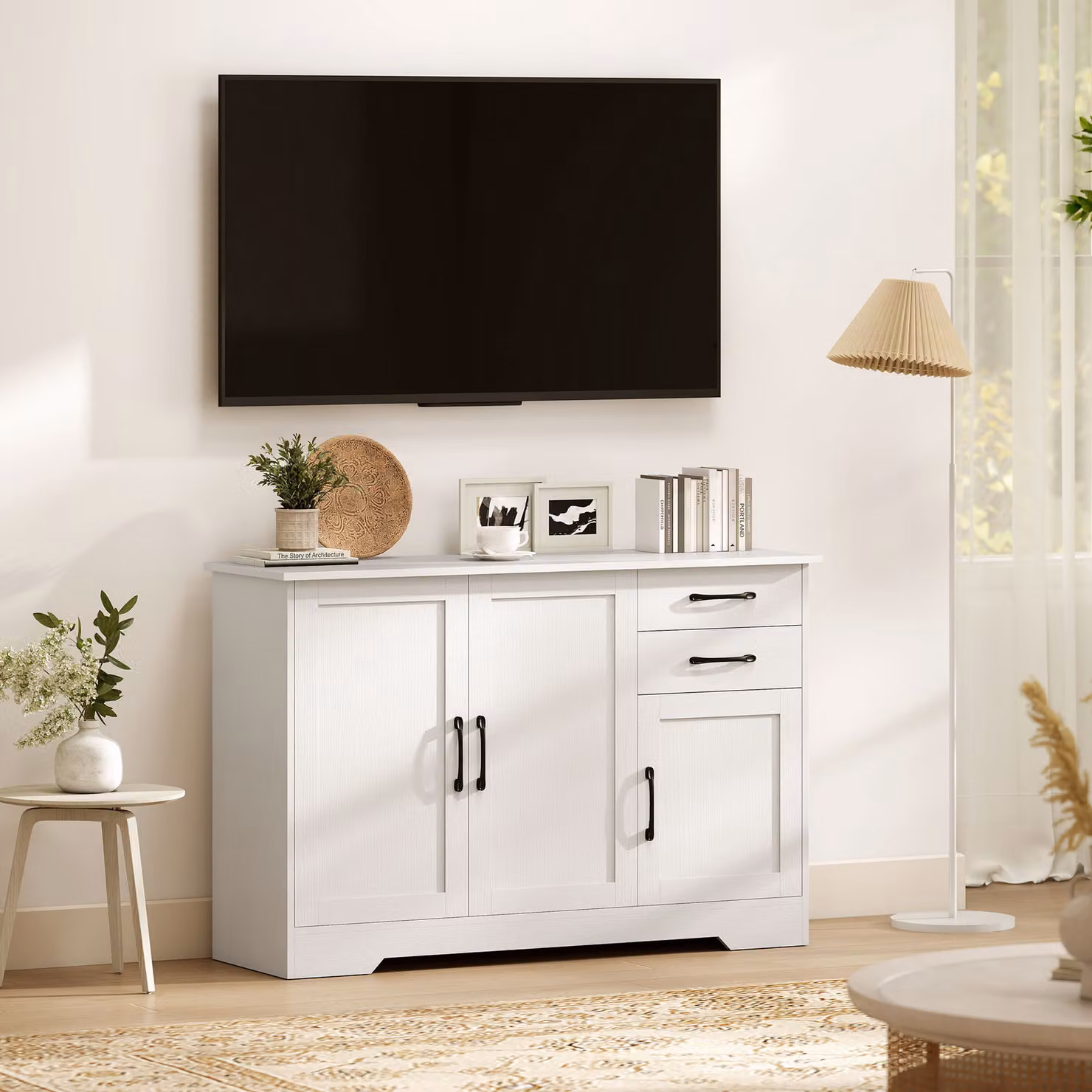 HOMCOM Modern White Sideboard with 2 Drawers, 3 Doors and Adjustable Shelf – 4