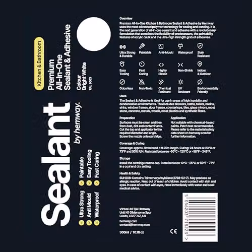 Hemway MS Polymer Waterproof Kitchen and Bathroom Sealant and Adhesive, White, 300 ml – 6