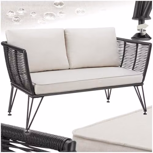 tectake 2 Seater Garden Sofa in Black Polyrattan with Rope Design and Removable Cushions