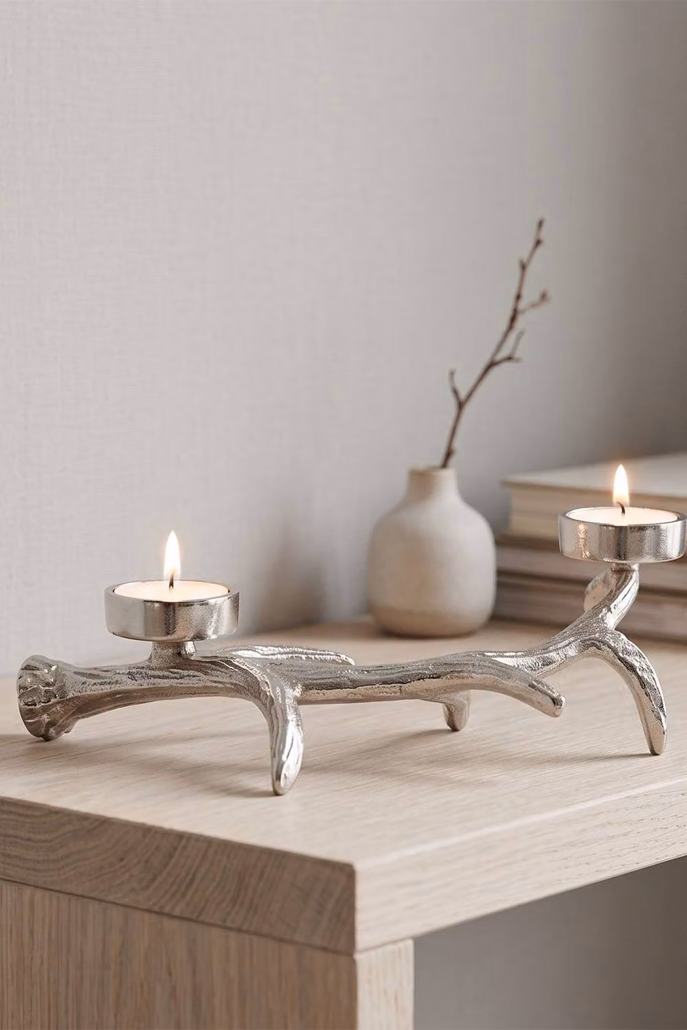 Homescapes Silver Antler Dual Tea Light Candle Holder – 2