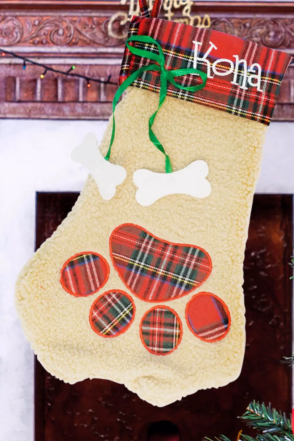 Neel Blue Velvet Christmas Stocking with Pet Paw Design in Beige – 2
