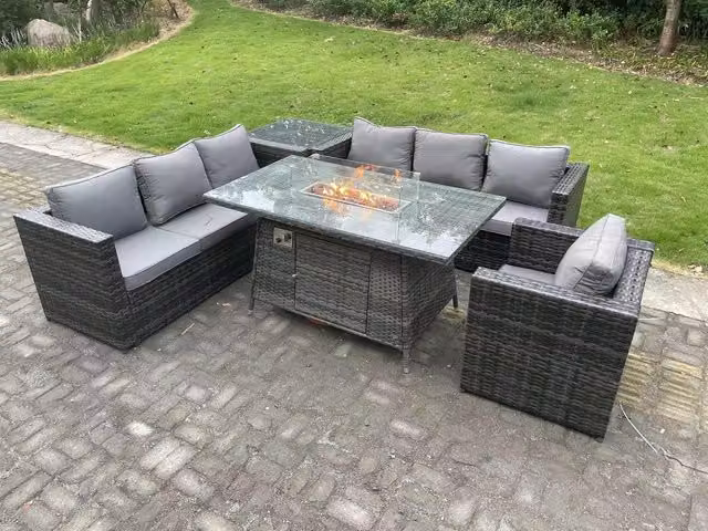 Fimous 7 Seater Rattan Garden Furniture Set with Gas Fire Pit Dining Table and Heater in Dark Grey