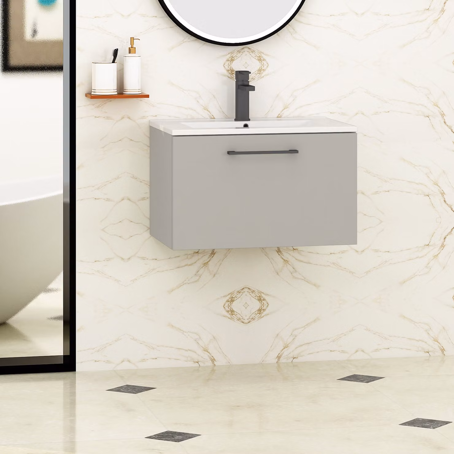 Royal Bathrooms Modena 800mm Wall Hung Vanity Unit with Minimalist Basin in Satin Grey and Black Handle