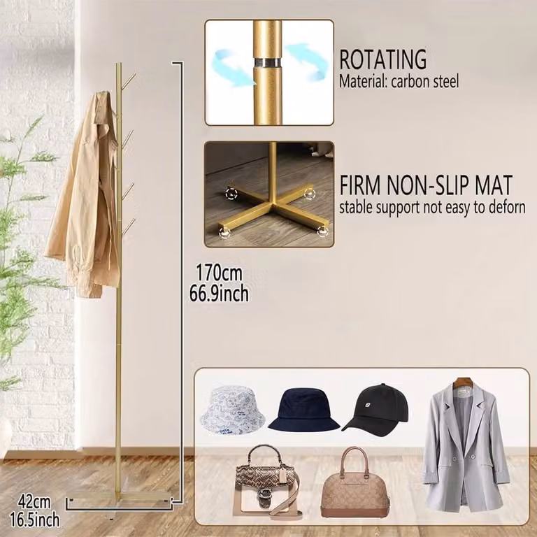Nordara Modern Lacquered Metal Coat Rack in Gold, H 170 x W 42 x D 42 cm