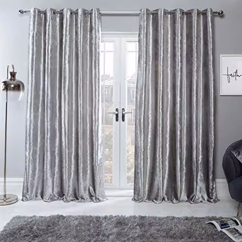 Sienna Dreamscene Pair of Silver Crushed Velvet Eyelet Curtains, Thermal Insulated and Blackout, Width: 116 cm, Height: 228.6 cm – 1