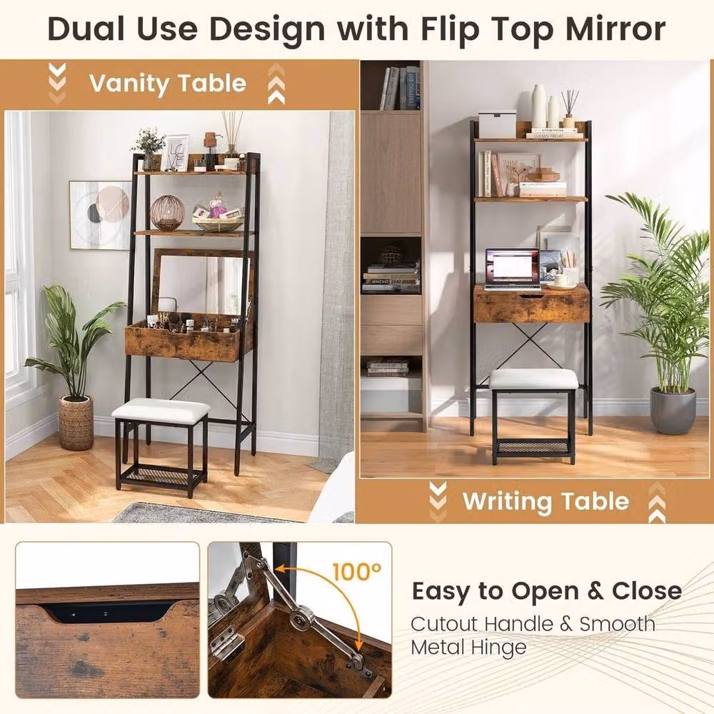 VOGREX 3-in-1 Industrial Vanity Table with Stool and Storage in Brown – 5