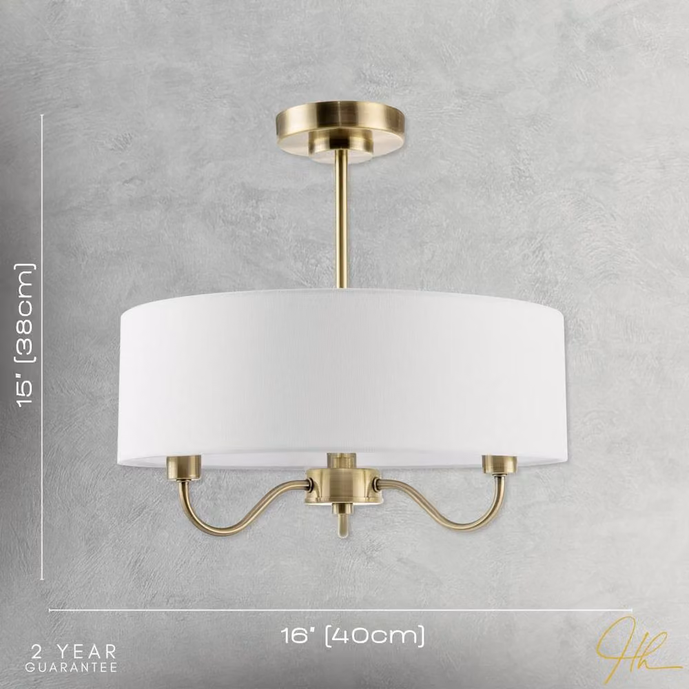 Happy Homewares Classic Semi Flush Ceiling Light with White Fabric Shade in Gold/Brass – 3