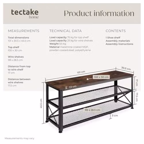 tectake 3-Tier Industrial Shoe Rack with Wood-Look Top Shelf and 2 Grid Shelves, Black W/D/H: 101 x 30.5 x 45.5 cm – 5
