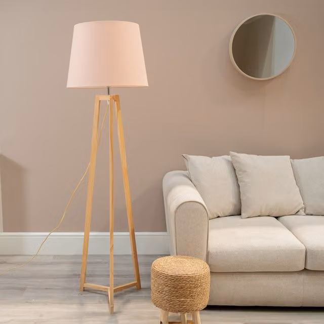 ValueLights Lottie Natural Floor Lamp with Tapered Fabric Shade and LED Bulb, Pink