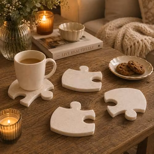 Orsina Marble Jigsaw Coasters, Set of 4, White, W/D: 17 x 17 cm – 3
