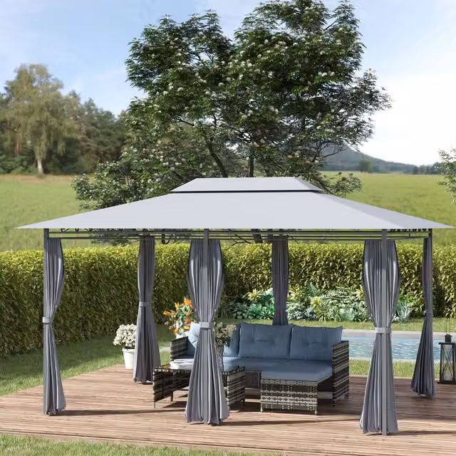 Outsunny 2 Tier Steel Frame Outdoor Gazebo in Grey, W: 4 m, D: 3 m