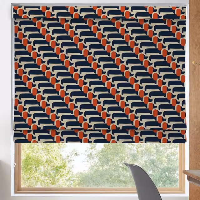 Orla Kiely Dog Show Made to Measure Blackout Roman Blind in Blue and Multicolour Whale Design
