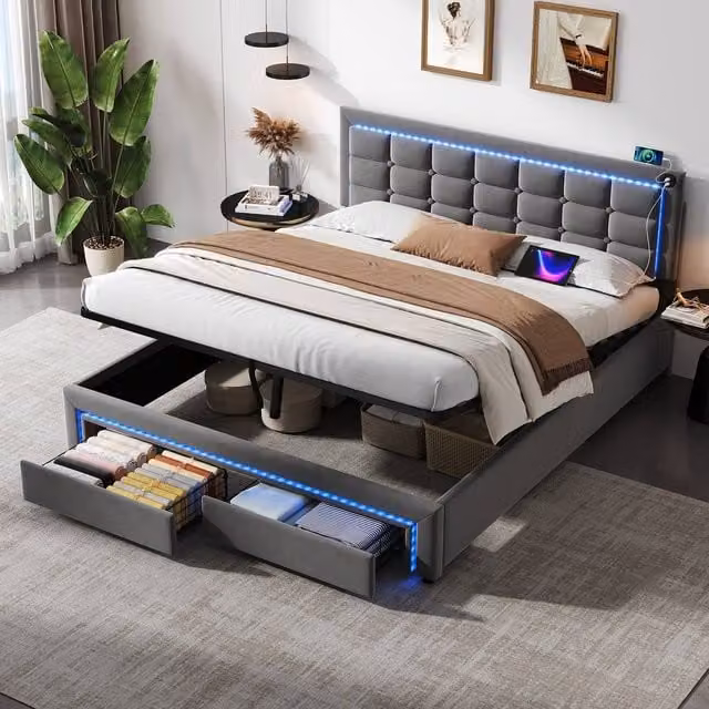 STILVORA King Size Ottoman Bed with Storage, USB Charging Port and LED Lighting in Grey Velvet