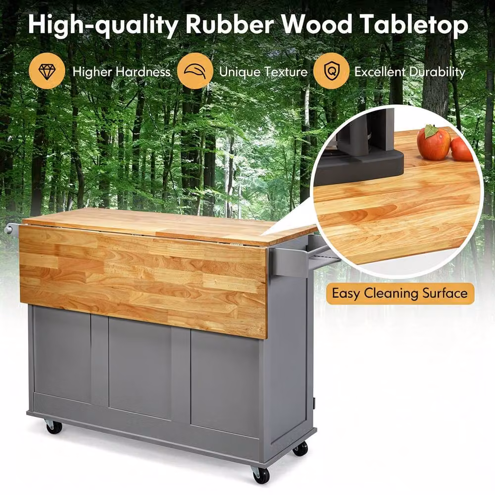 Costway Grey Serving Cart with Rubberwood Drop Leaf Tabletop and Castors – 5