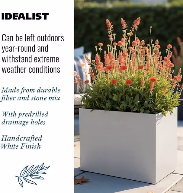 Idealist Set of 2 Narrow Rectangular Garden Trough Planters, White Stone Effect