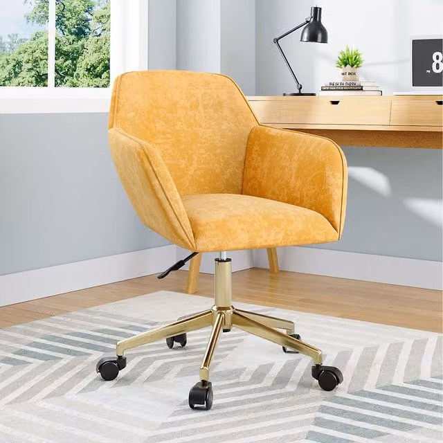 Komore Yellow Velvet Upholstered Swivel Task Chair with Gold Metal Base and Armrests