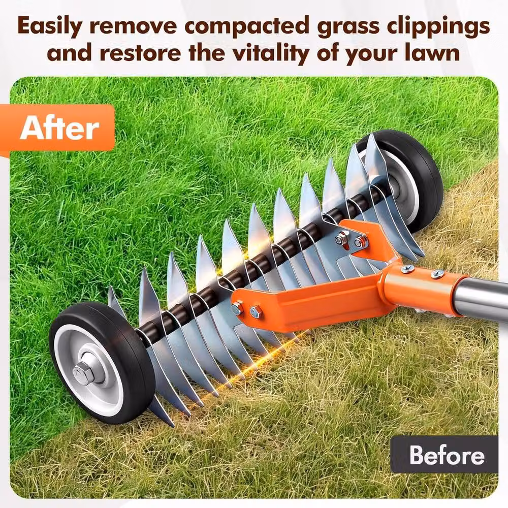 FLAVORA Manual Lawn Aerator and Scarifier with Handle, Orange and Multicolour, 1.25 kg – 3