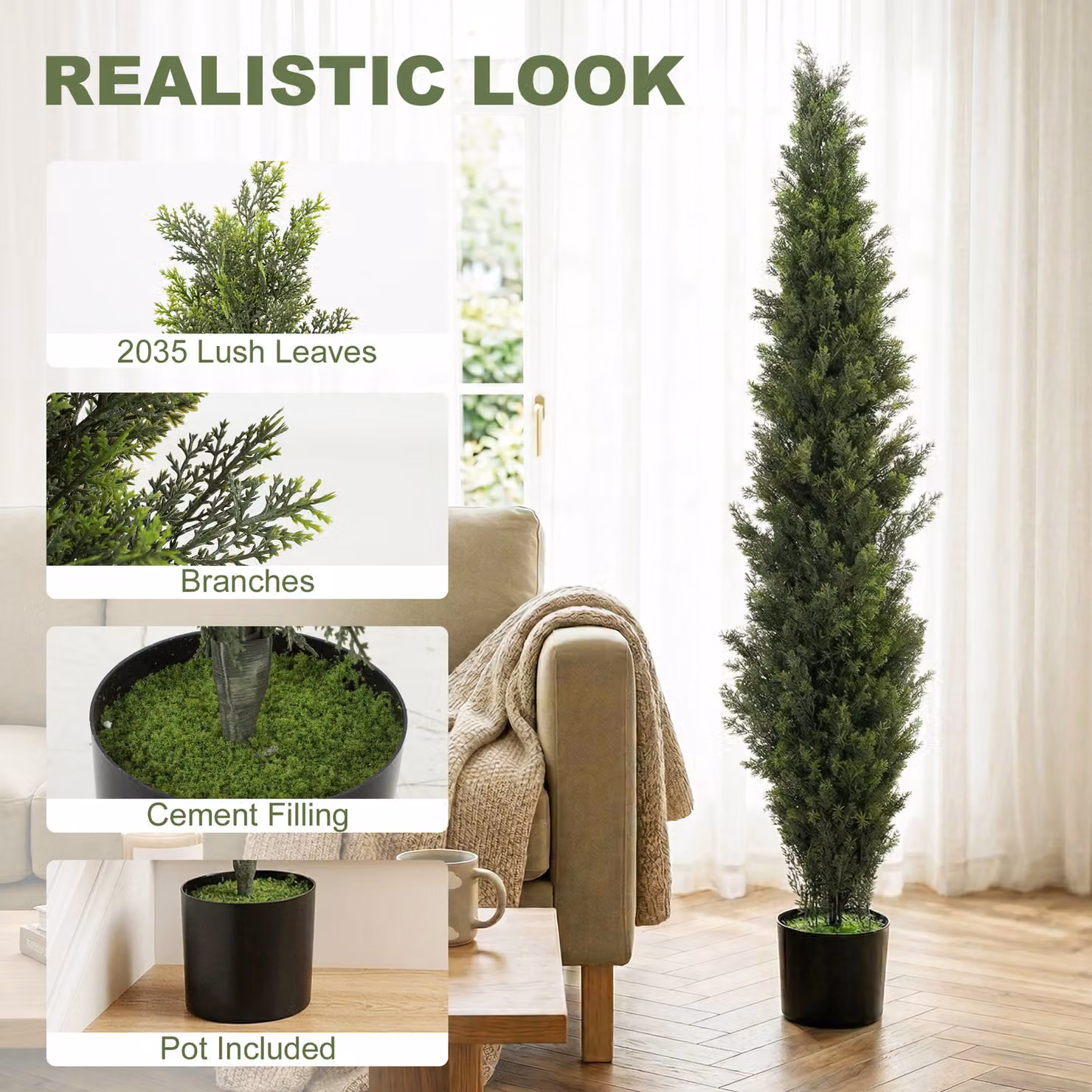 HOMCOM Set of 2 Green Decorative Artificial Cypress Trees with Weighted Pots, Height: 150 cm – 4