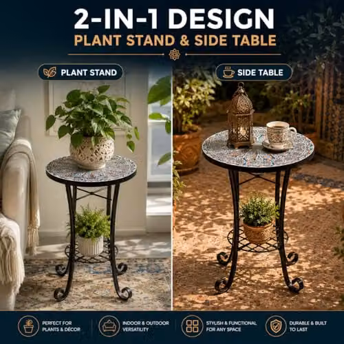 SHATCHI Cairo Mosaic Side Table and Plant Stand with Shelf, Multicolour, W/D/H: 35 x 35 x 54 cm – 3