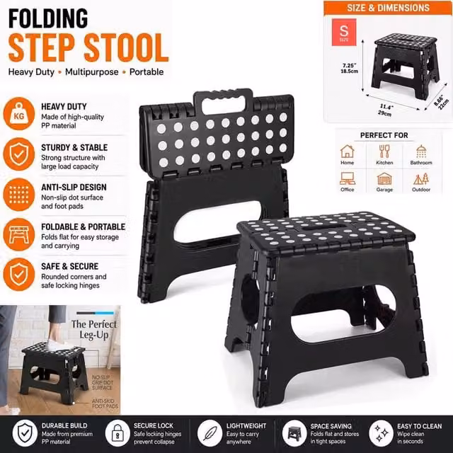 ATEK Small Foldable Non-Slip Step Stool for Toddlers in Black