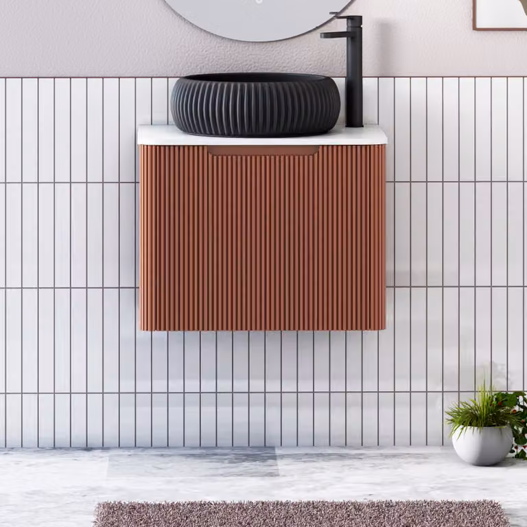 Royal Bathrooms Avenza 600mm Wall Hung Vanity Unit in Terracotta with Plain White Worktop and Milan Black Basin