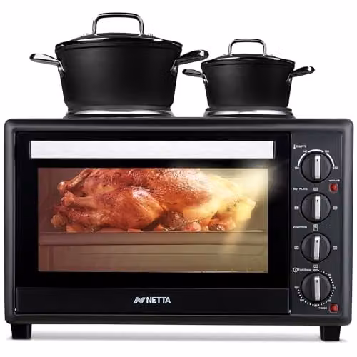 NETTA 45L Mini Oven with Double Hotplate and Electric Grill in Black