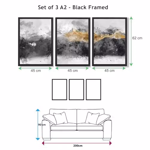 ARTZE Set of 3 Abstract Grey and Yellow Mountain Landscape Wall Art with Black Frames, W: 45 cm, H: 62 cm, D: 2 cm – 3