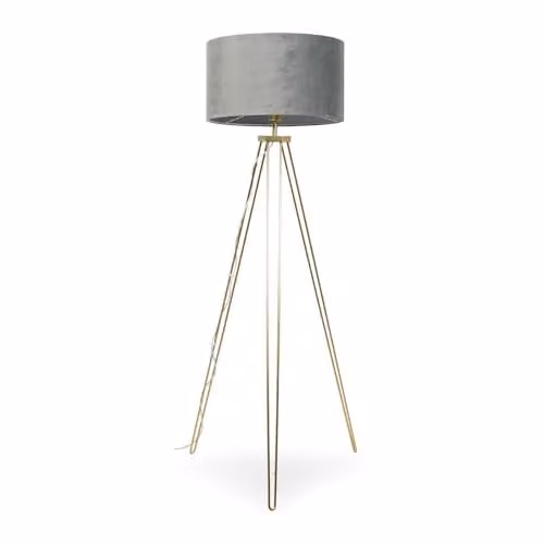 ValueLights Modern Gold Hairpin Design Tripod Floor Lamp with Grey Velvet Drum Shade – 1