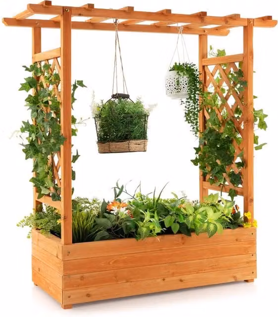 Gymax Raised Garden Bed with Arch Trellis Planter Box and Hanging Roof in Brown