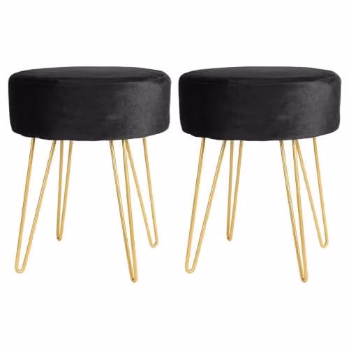Harbour Housewares Pack of 2 Round Velvet Footstools in Black with Gold Legs, H41 x D45 cm – 1