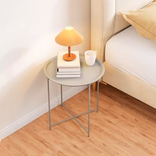 Outsunny Round Garden Side Table with Removable Tray, White and Light Grey, W/D/H: 46 x 46 x 53 cm – 4