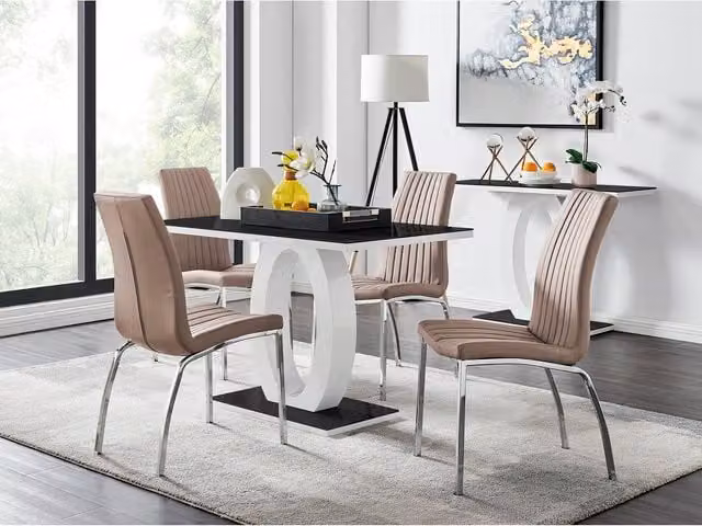 FurnitureboxUK Giovani Black Dining Table and Four Isco Chairs Set with Glass Top and Yellow Striped Faux Leather Seats, W/D/H: 120 x 70 x 70 cm