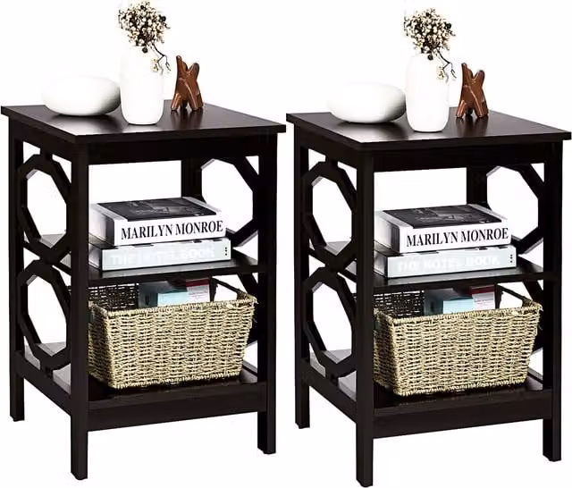 Costway Set of 2 Modern Brown Lacquered Wood Sofa Bedside and End Tables