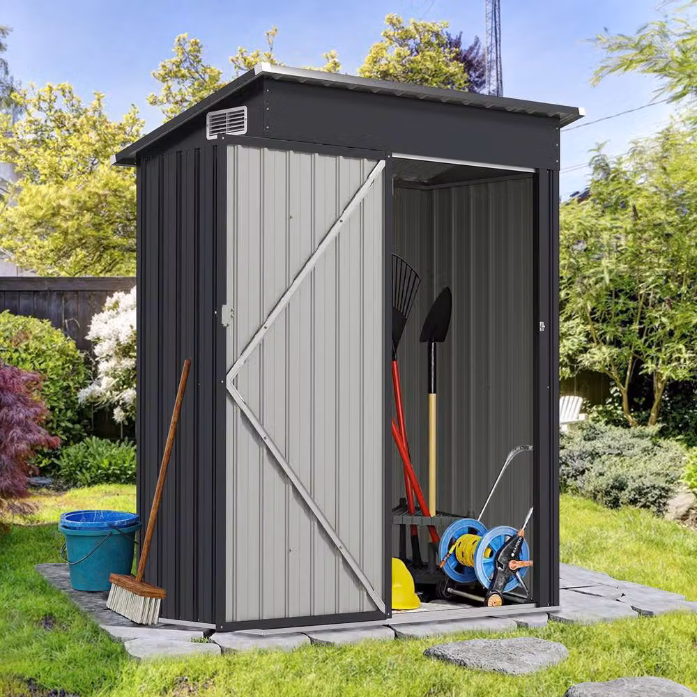 Gymax Pent Storage Shed and Tool House with Sloping Design in Dark Grey, Galvanised Steel Metal Frame – 2