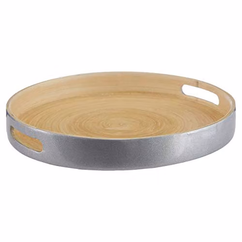 Orsina Kyoto Small Round Bamboo Serving Tray with Handles, Silver, Diameter: 30 cm – 1