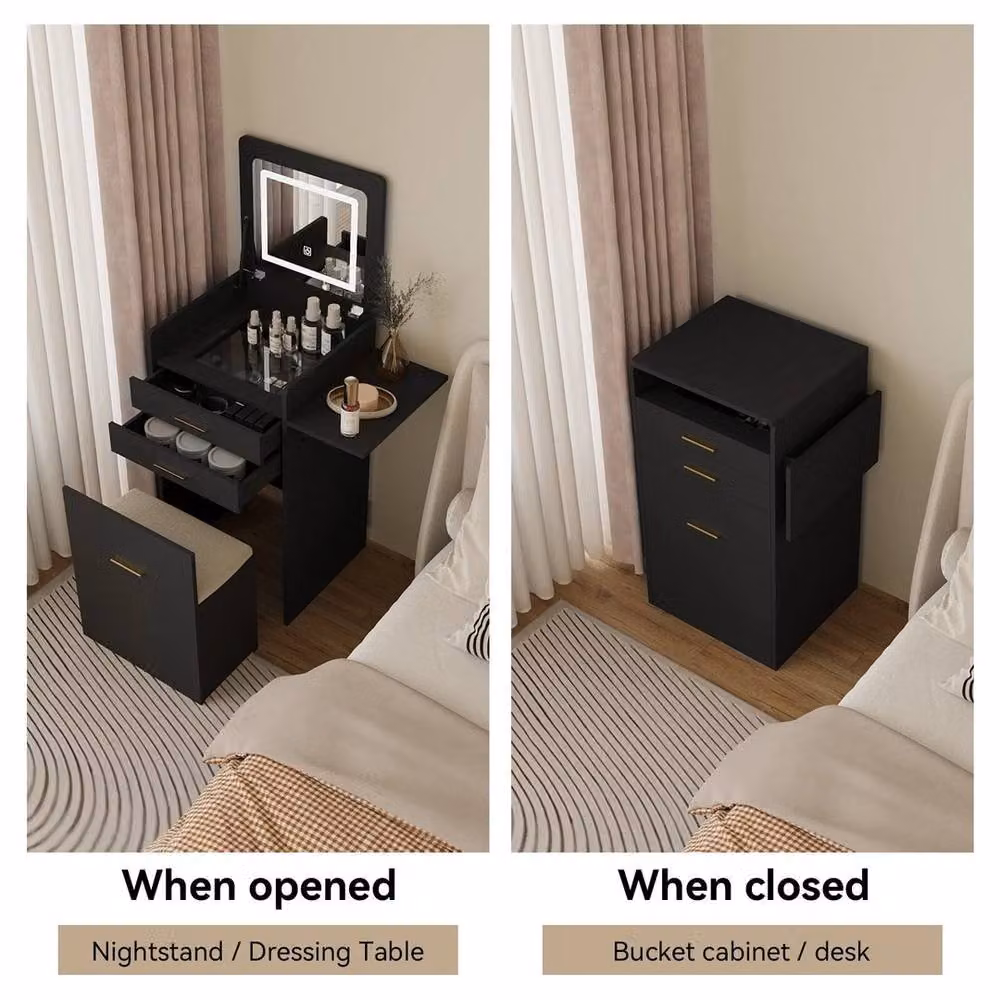 FORGEVIO Modern Dressing Table Set with LED Hollywood Mirror in Black – 4