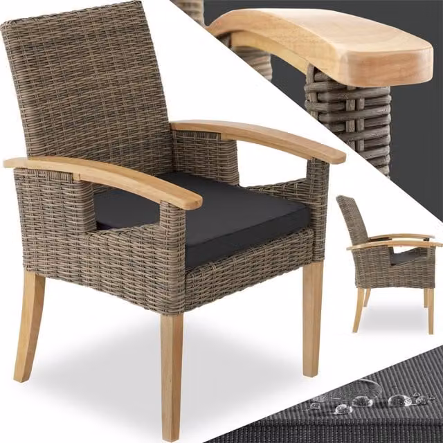 tectake Rosarno Garden Chair in Nature Brown and Yellow Rattan with Wood and Aluminium