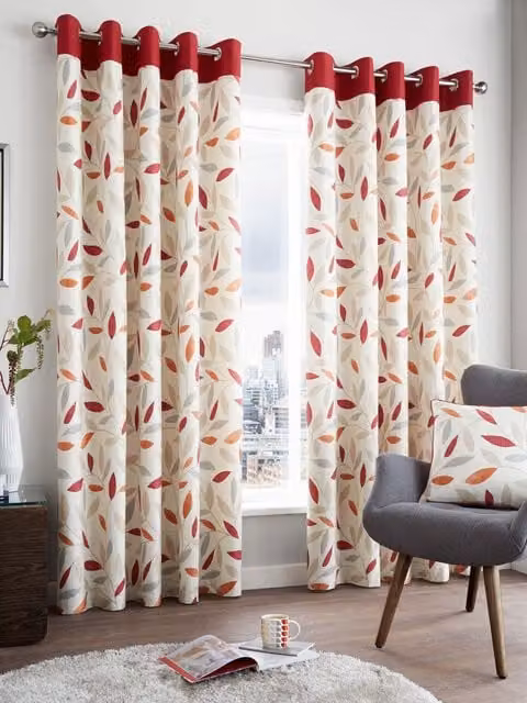 Fusion Beechwood Leaf Floral Cotton Eyelet Curtains in Red and Multicolour, Width: 168 cm, Drop: 229 cm – 1