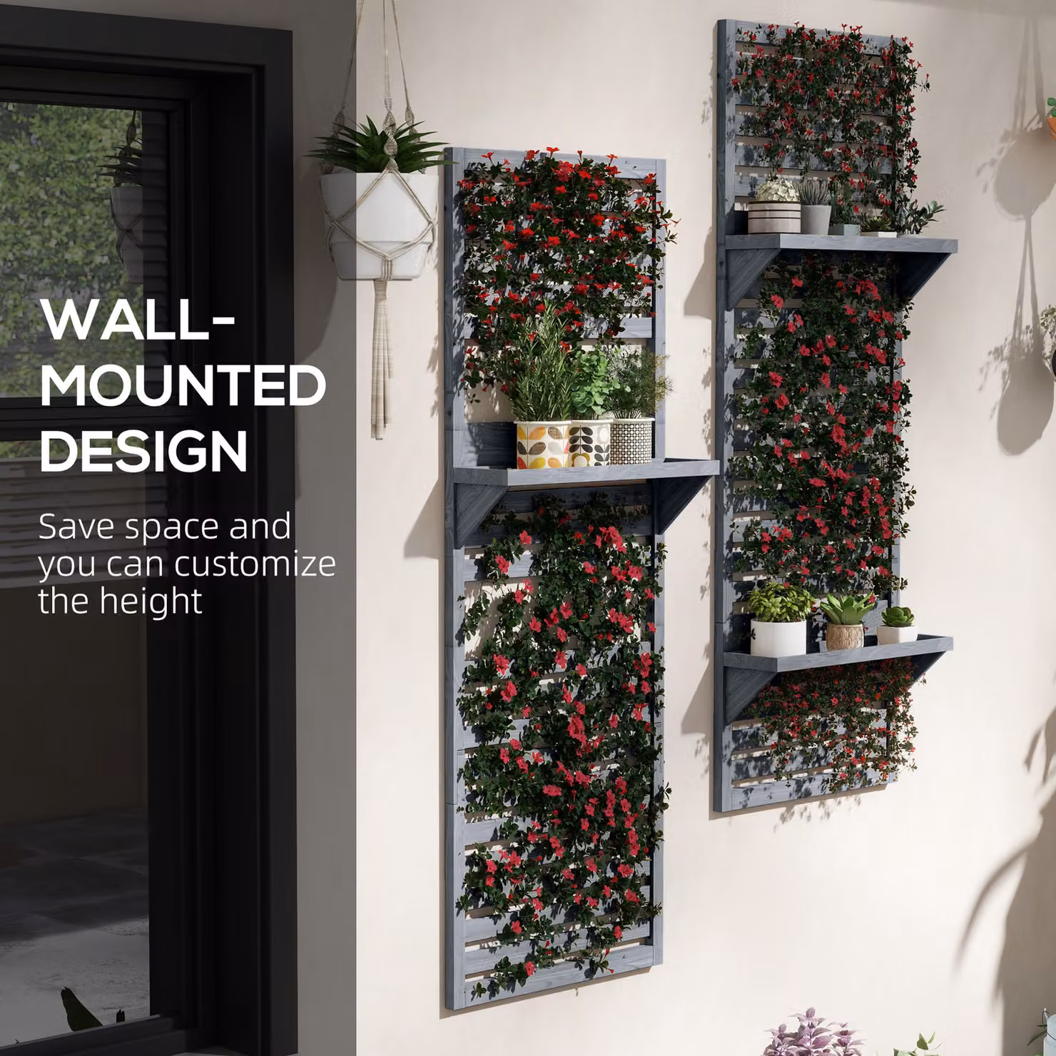 Outsunny Set of 2 Grey Lacquered Fir Wood Wall Mounted Plant Stands with Shelves and Slatted Trellis, H 170 x W 60 x D 15 cm – 5